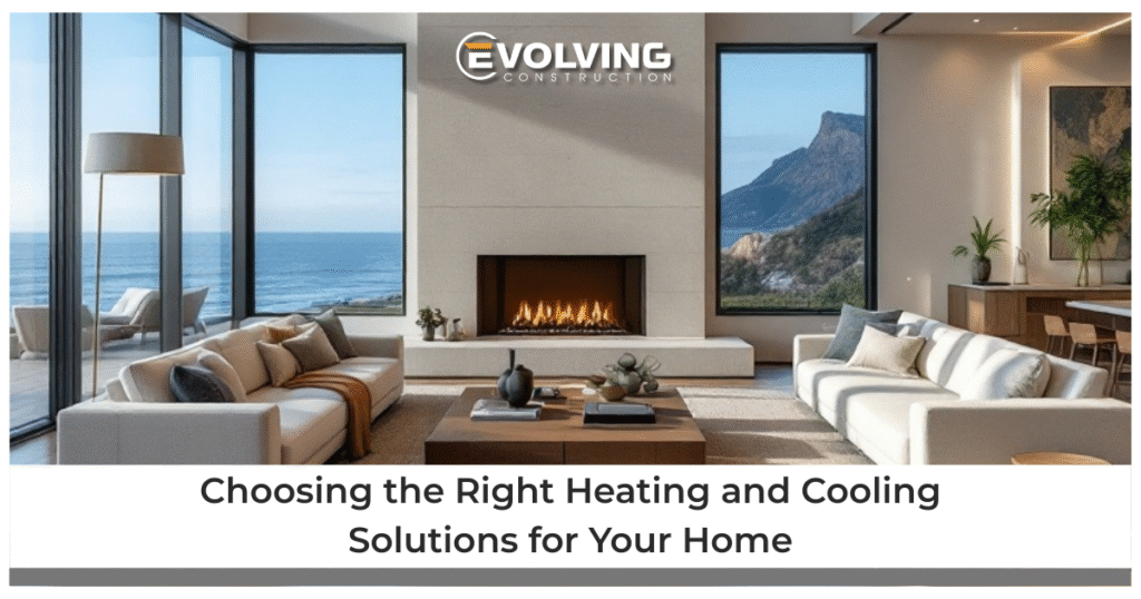 Modern coastal living room with floor-to-ceiling glass windows overlooking the ocean, a minimalist fireplace, and neutral-toned furnishings; promotional banner for Evolving Construction's article on choosing heating and cooling solutions