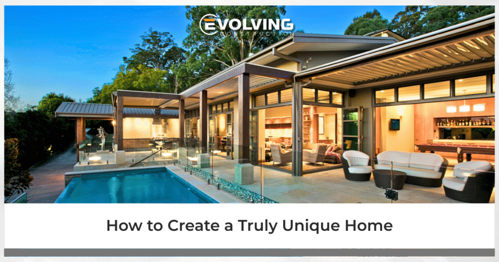 Luxury custom home with modern architecture, large glass walls, and an outdoor pool area surrounded by trees, designed by Evolving Construction.
